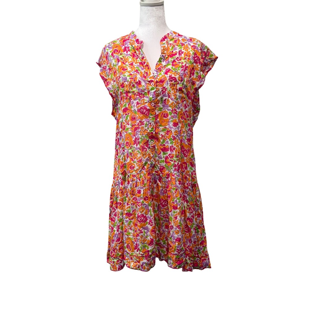 Poupette St Barth Amora V Mini Dress Womens Large Orange Rose Floral Boho Resort